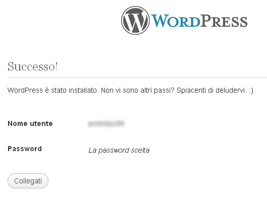 installazione successo wordpress